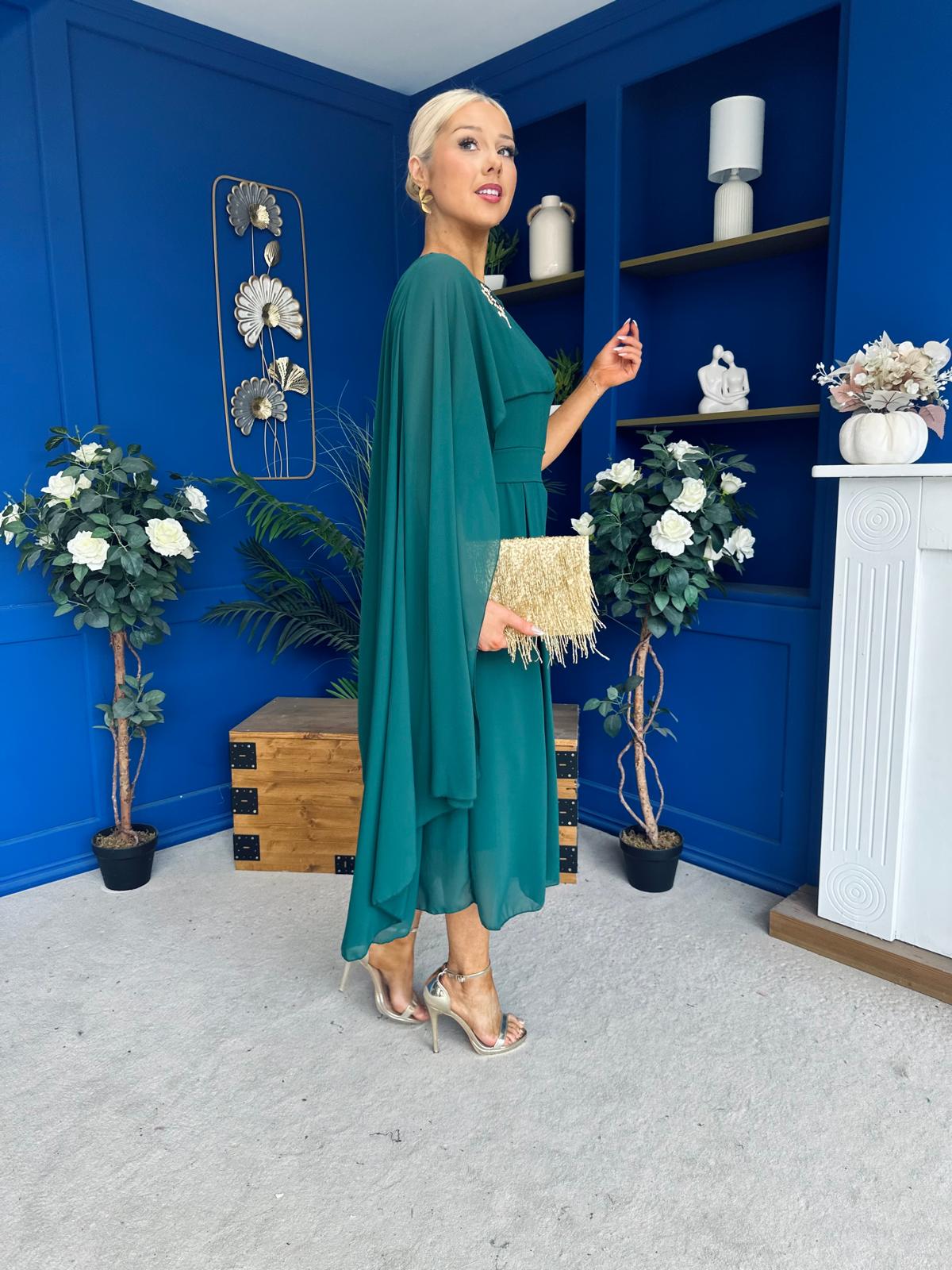 Caoimhe Cape Detail Midi Dress Forest