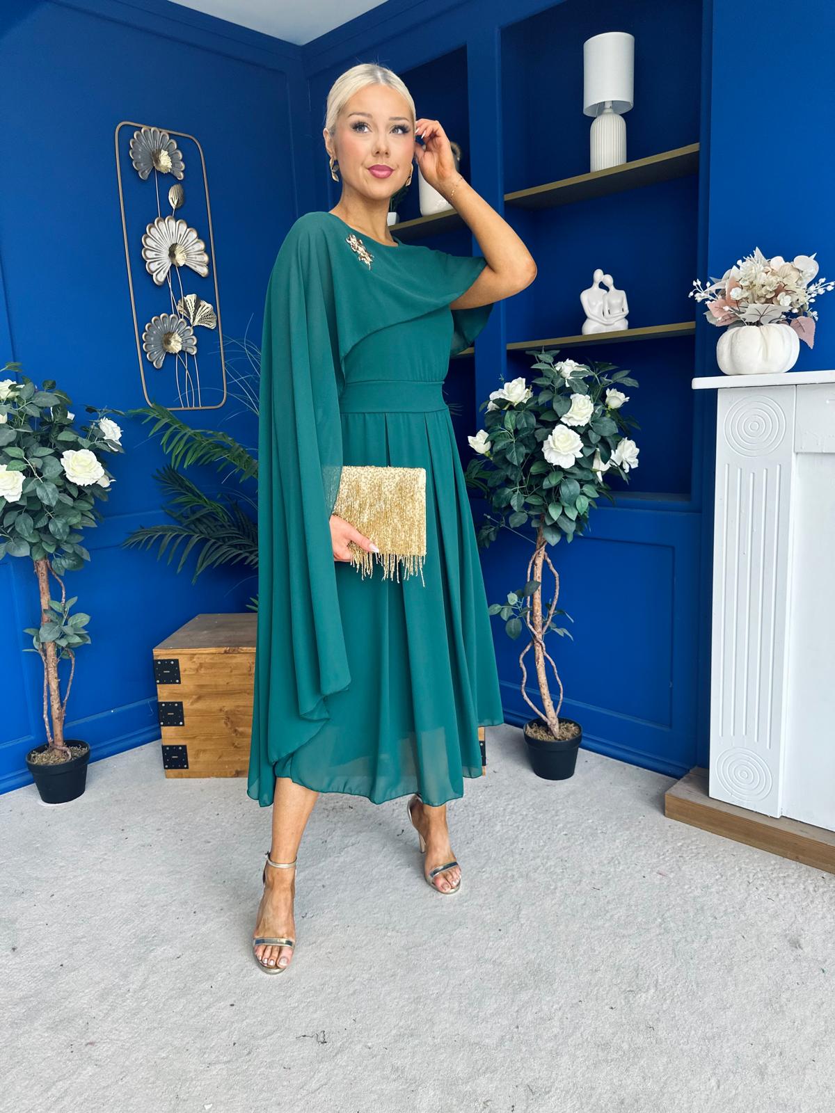 Caoimhe Cape Detail Midi Dress Forest