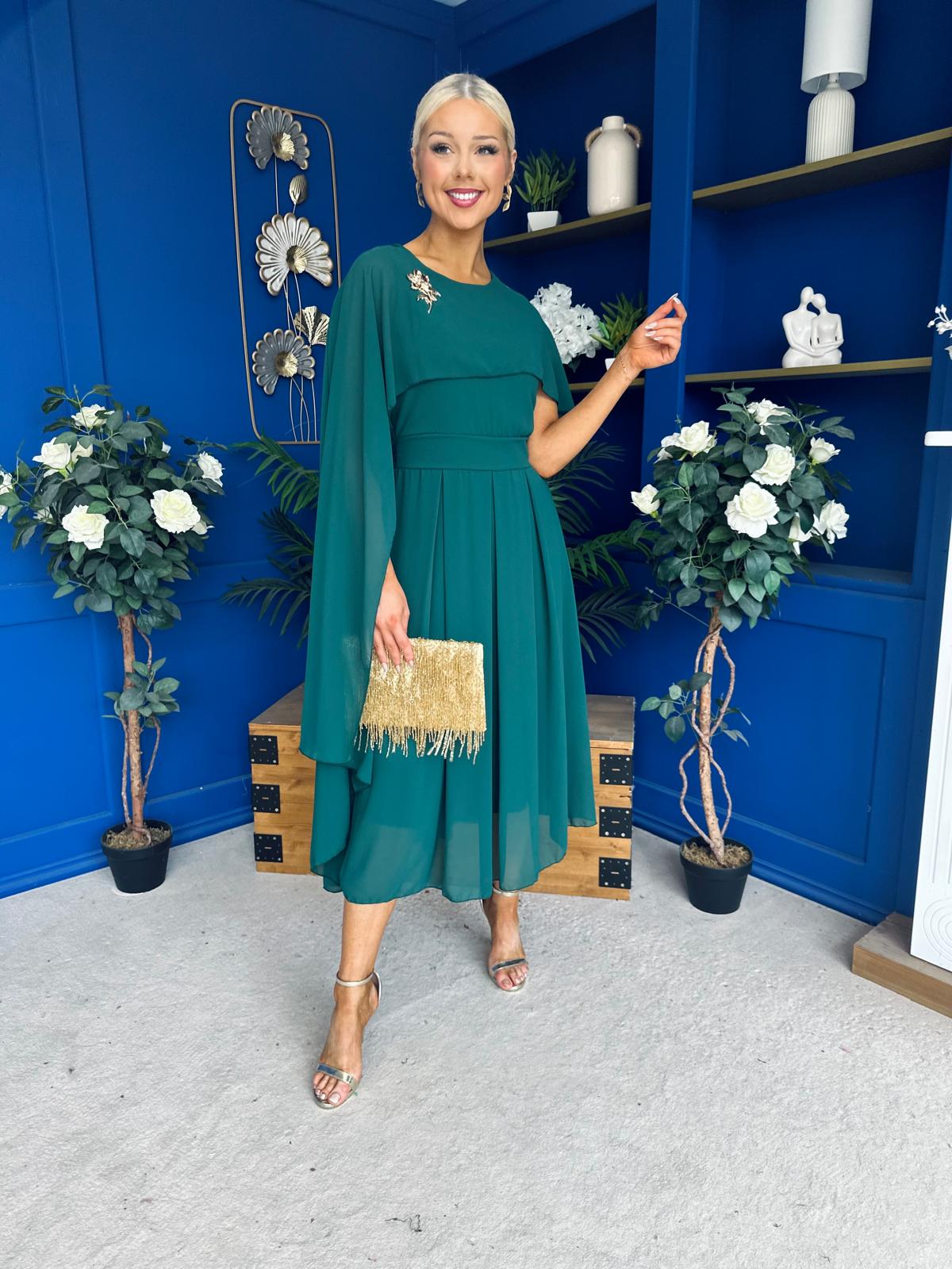 Caoimhe Cape Detail Midi Dress Forest