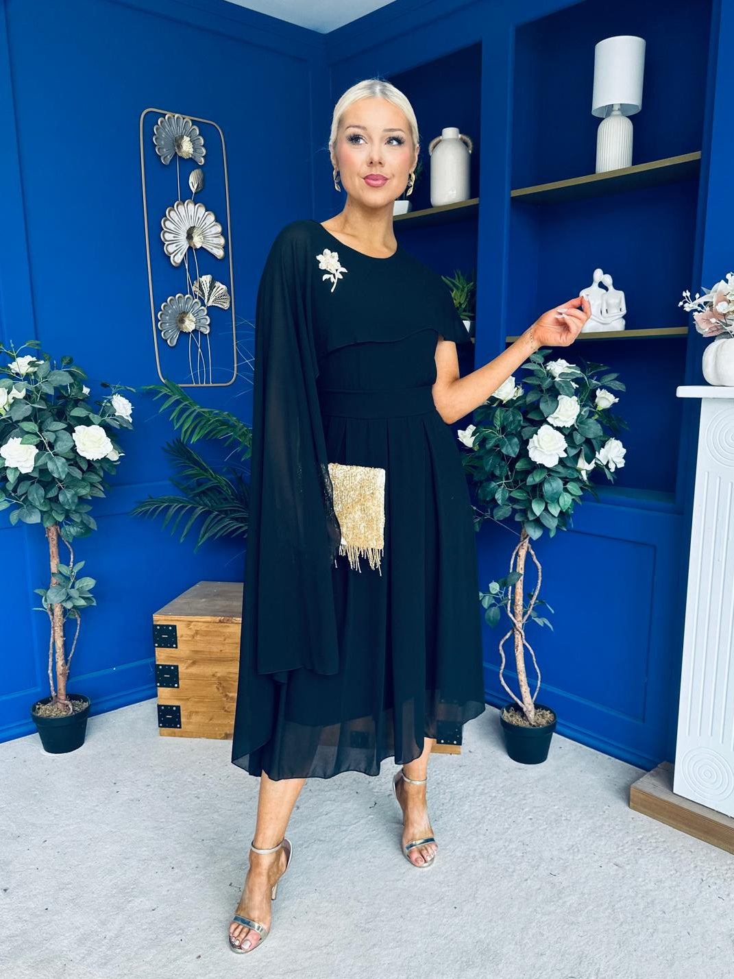 Caoimhe Cape Detail Midi Dress Black
