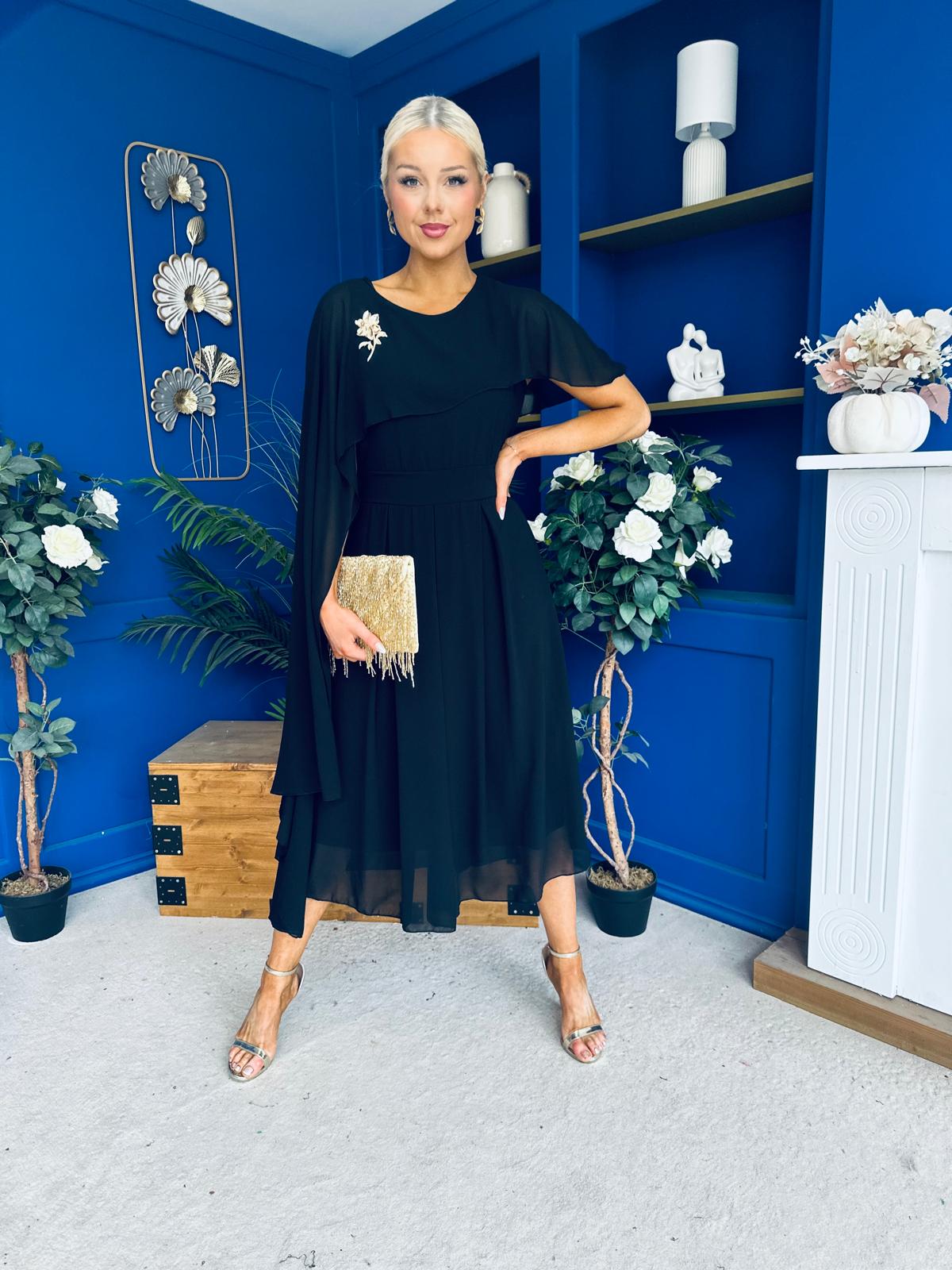 Caoimhe Cape Detail Midi Dress Black
