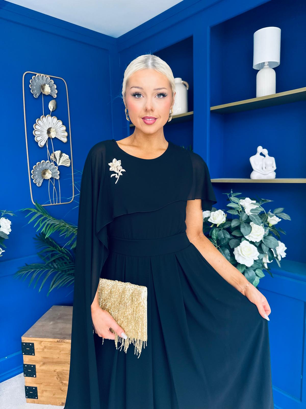 Caoimhe Cape Detail Midi Dress Black
