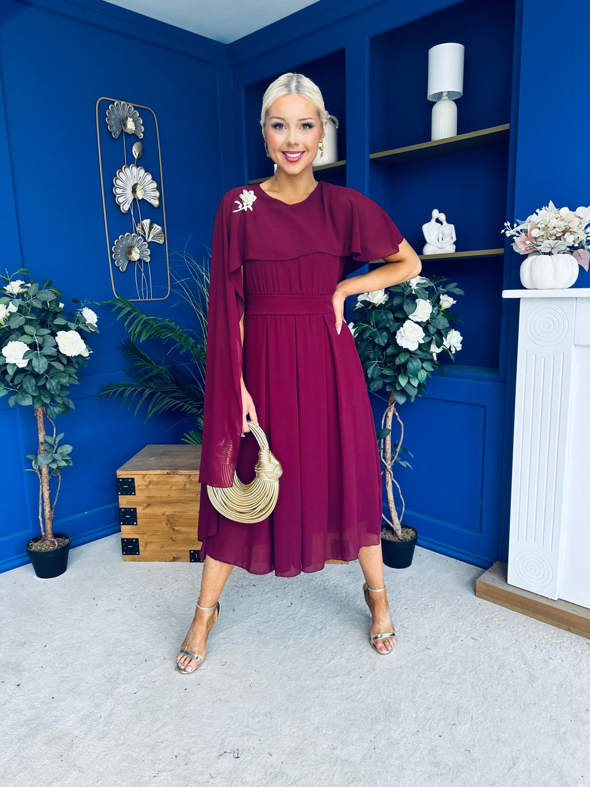 Caoimhe Cape Detail Midi Dress Wine