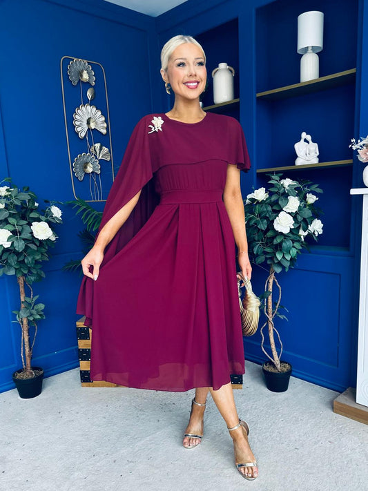 Caoimhe Cape Detail Midi Dress Wine