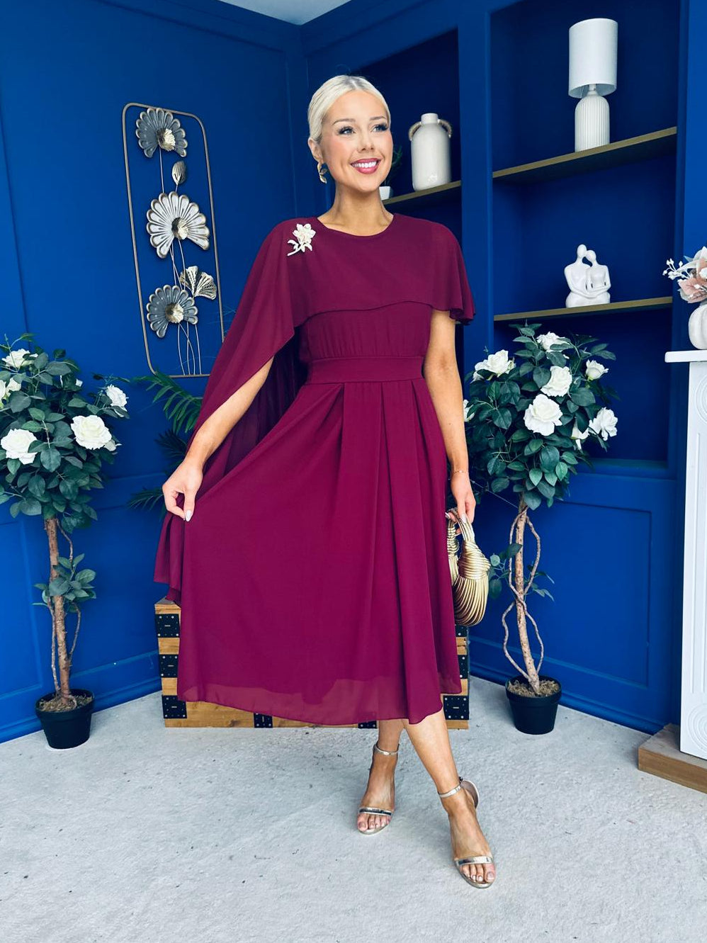 Caoimhe Cape Detail Midi Dress Wine