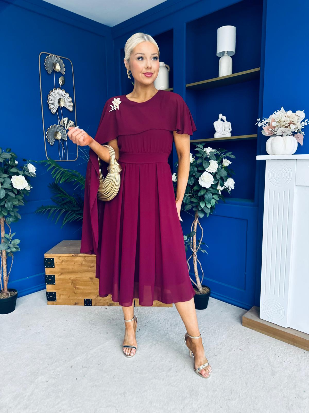Caoimhe Cape Detail Midi Dress Wine