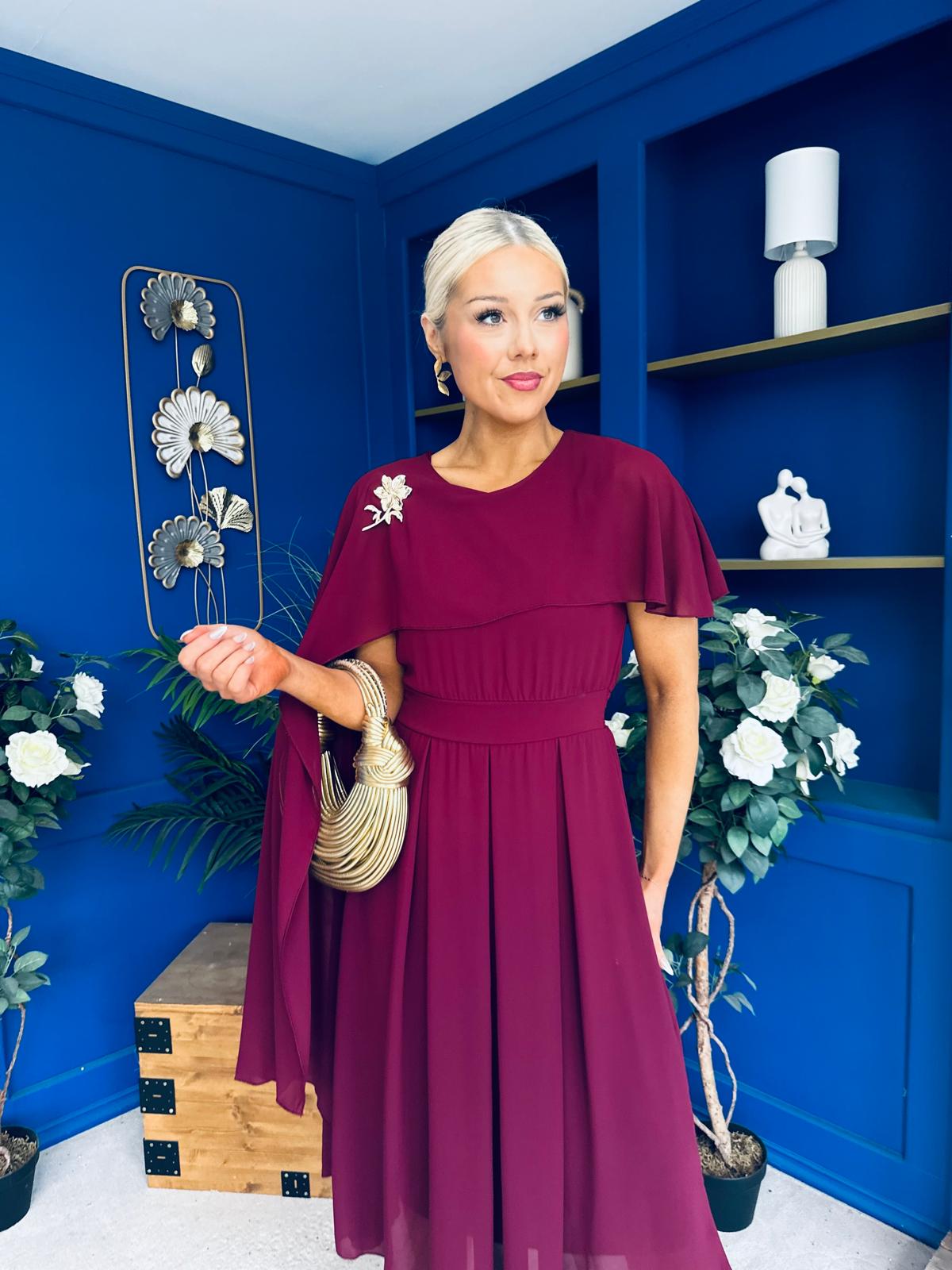Caoimhe Cape Detail Midi Dress Wine