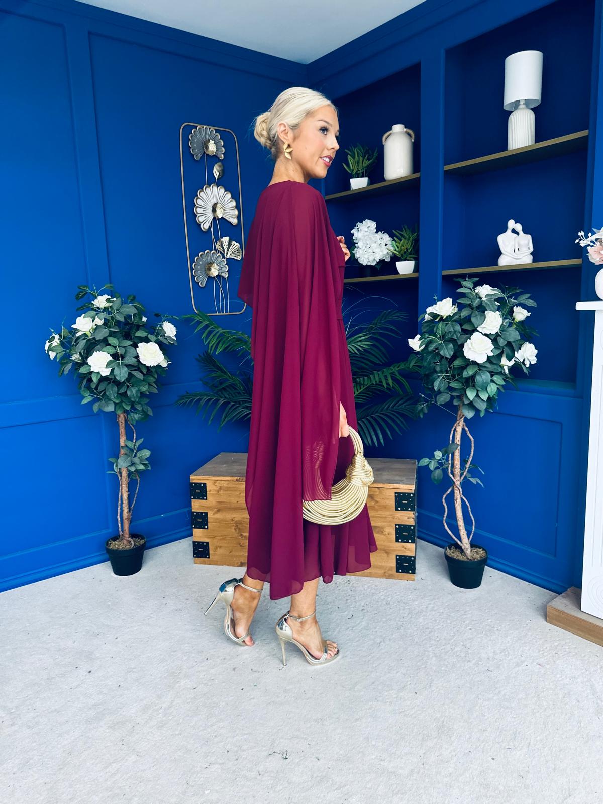 Caoimhe Cape Detail Midi Dress Wine