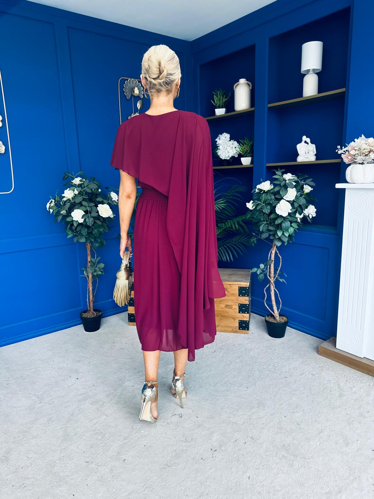 Caoimhe Cape Detail Midi Dress Wine