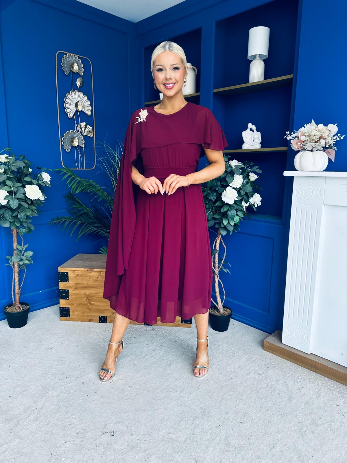 Caoimhe Cape Detail Midi Dress Wine