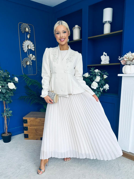 Diana Embellished Jacket & Pleated Skirt Set Cream