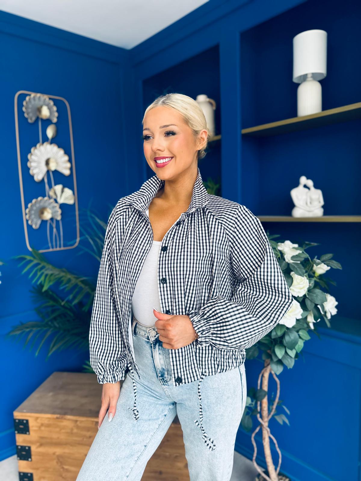 Nicole Button Detail Check Jacket Navy