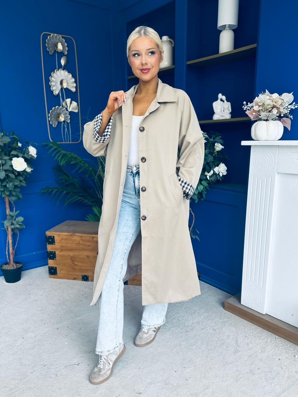 Juliette Button Detail Trench Coat Beige