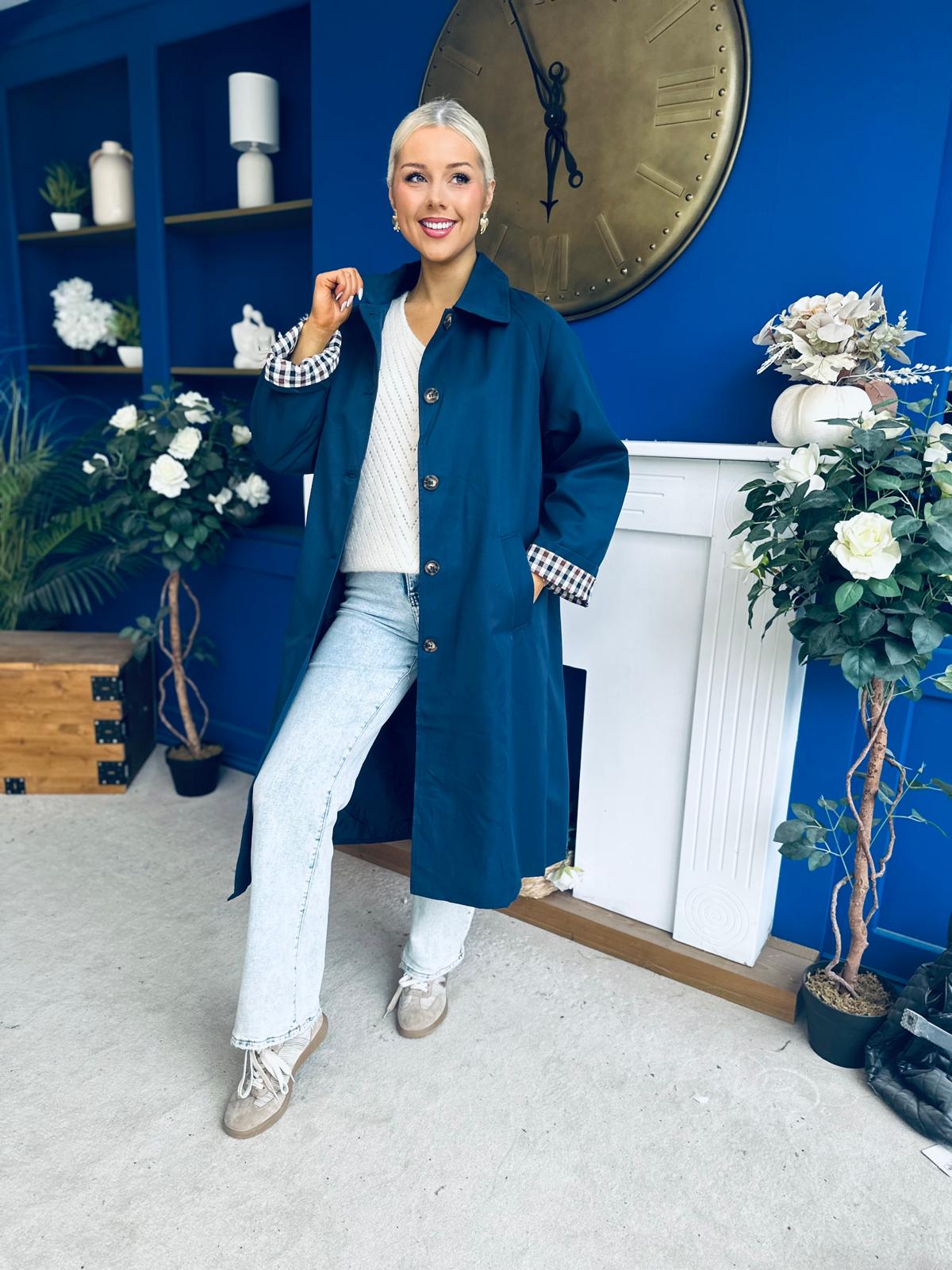 Juliette Button Detail Trench Coat Navy