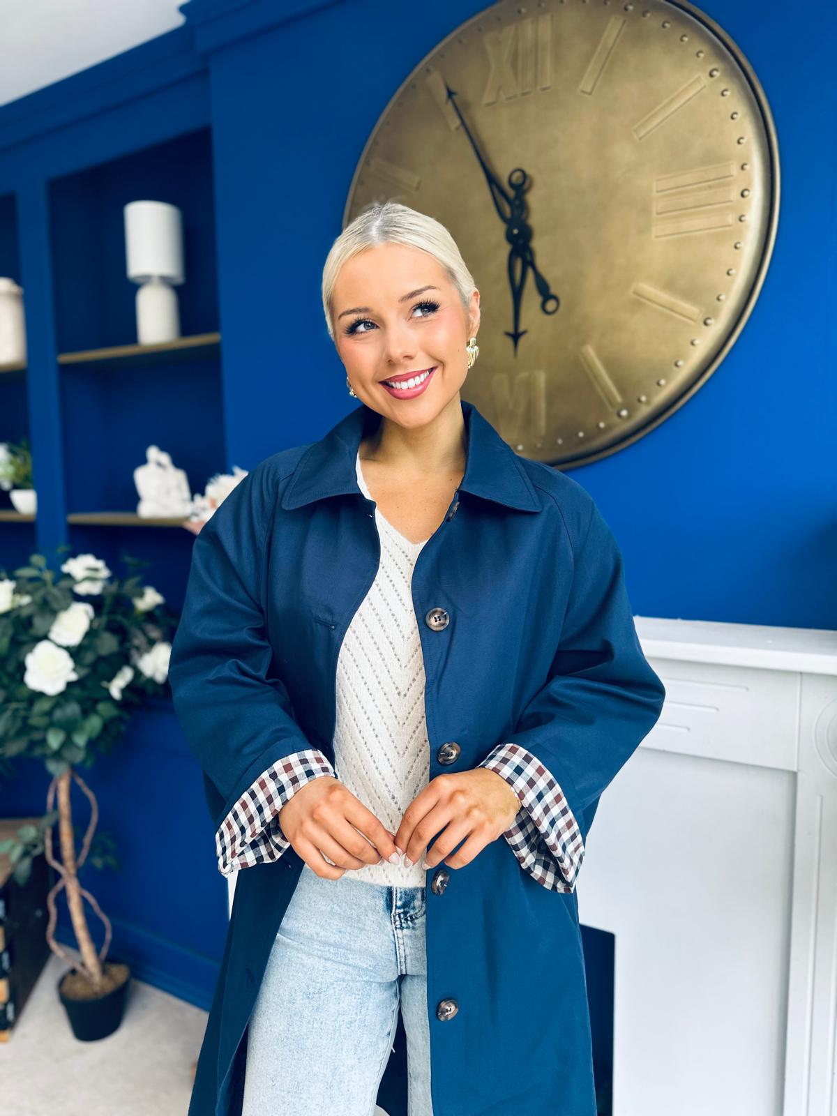 Juliette Button Detail Trench Coat Navy