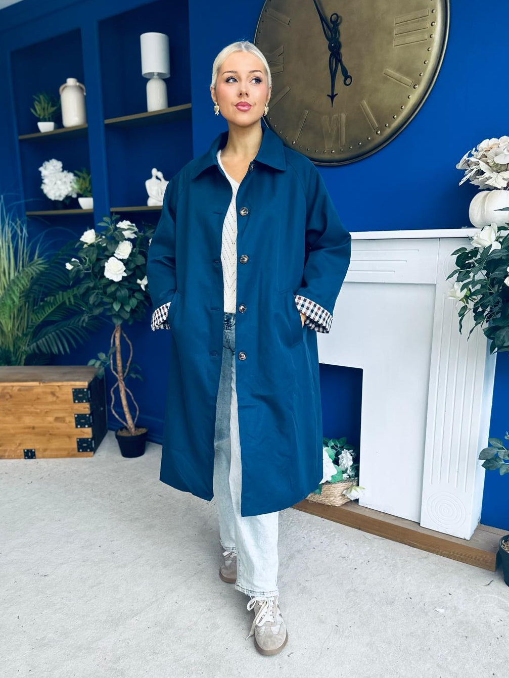 Juliette Button Detail Trench Coat Navy