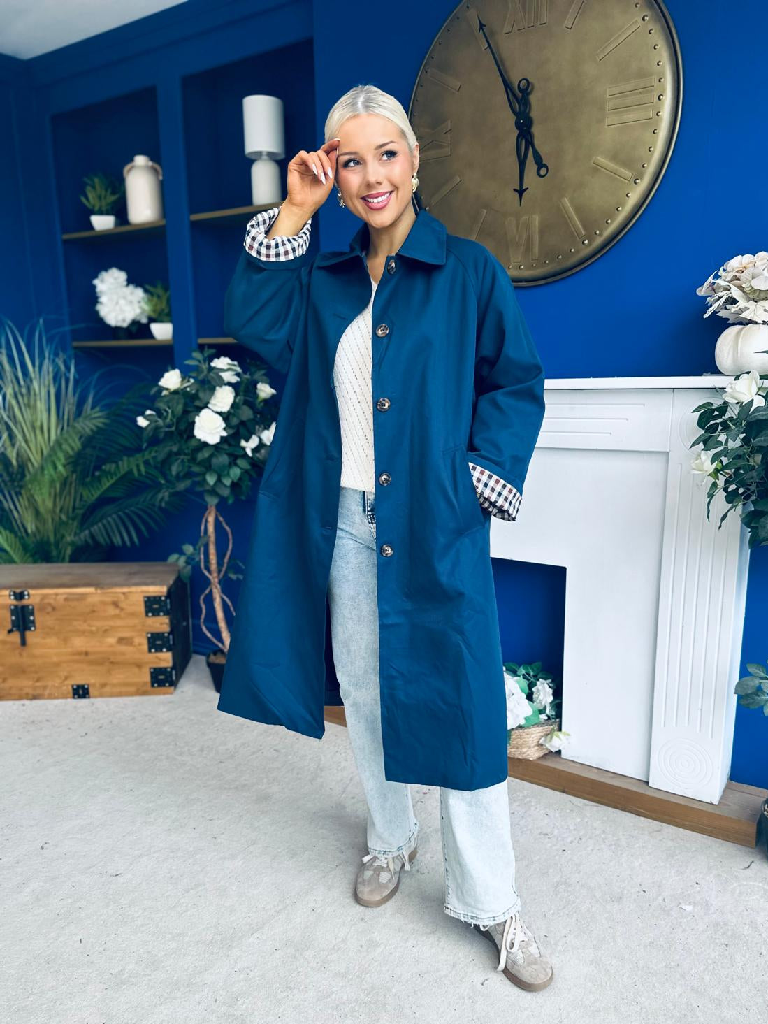 Juliette Button Detail Trench Coat Navy