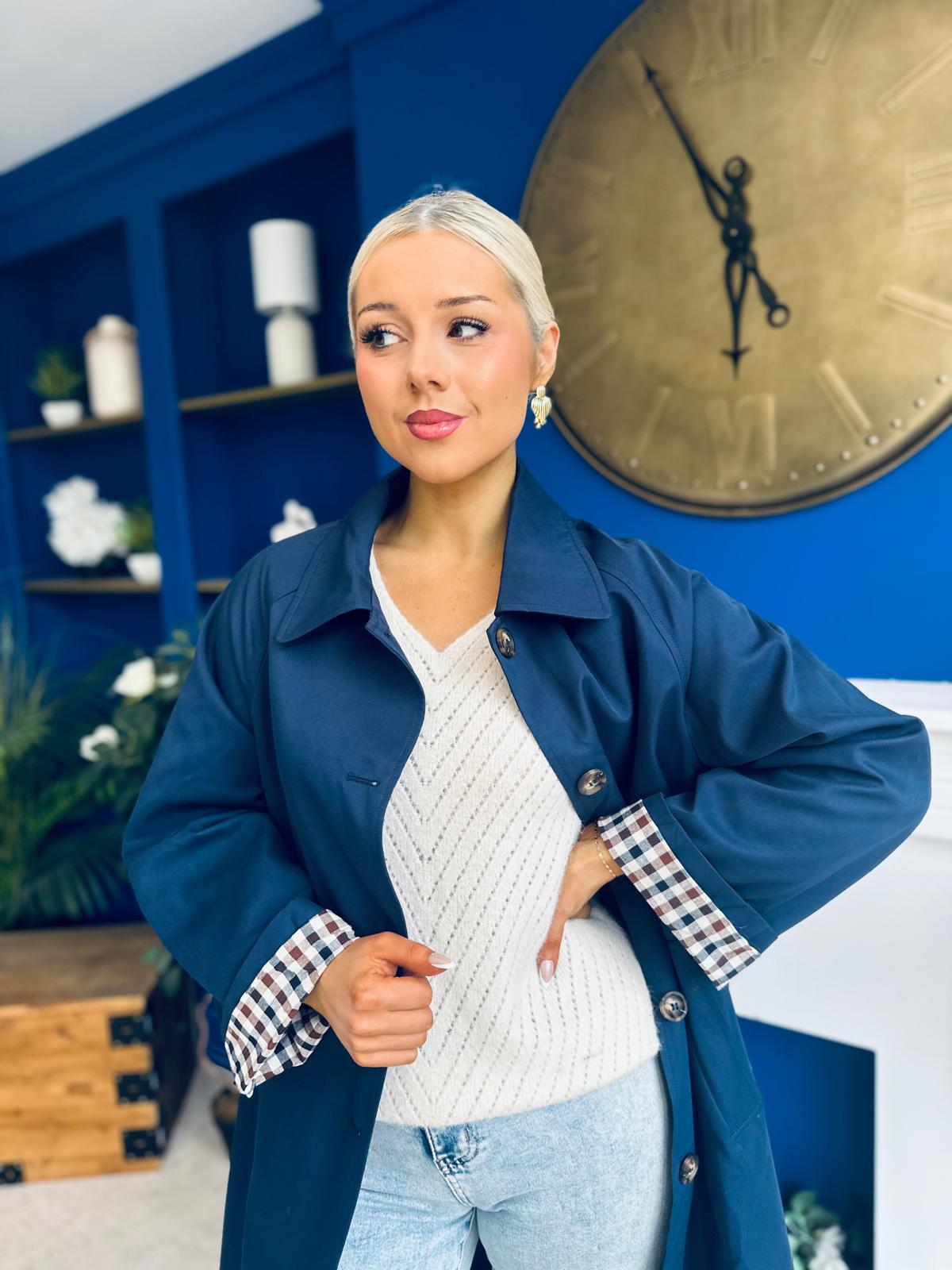 Juliette Button Detail Trench Coat Navy