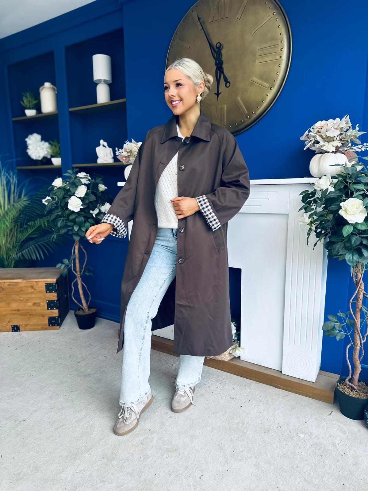 Juliette Button Detail Trench Coat Chocolate