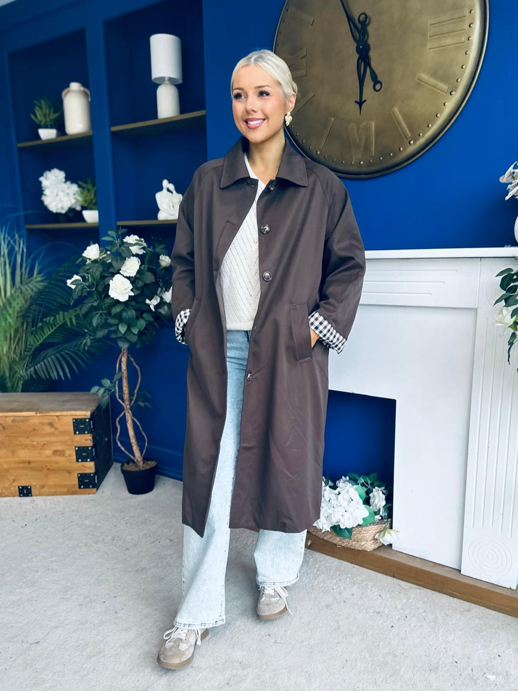 Juliette Button Detail Trench Coat Chocolate