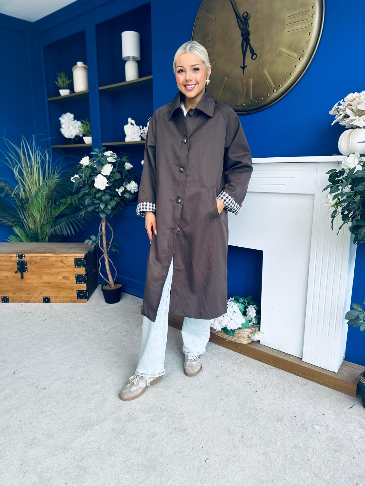 Juliette Button Detail Trench Coat Chocolate