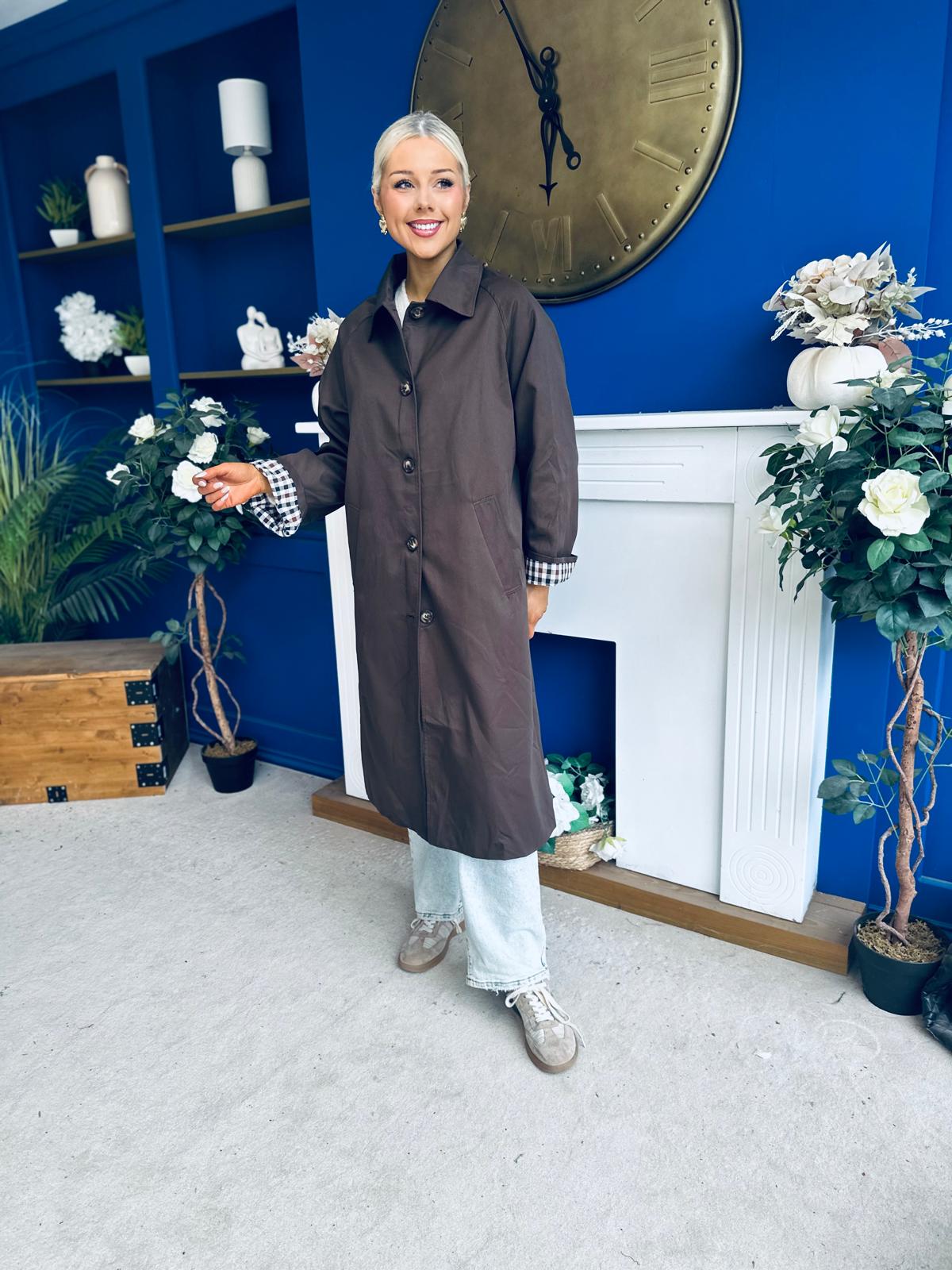 Juliette Button Detail Trench Coat Chocolate