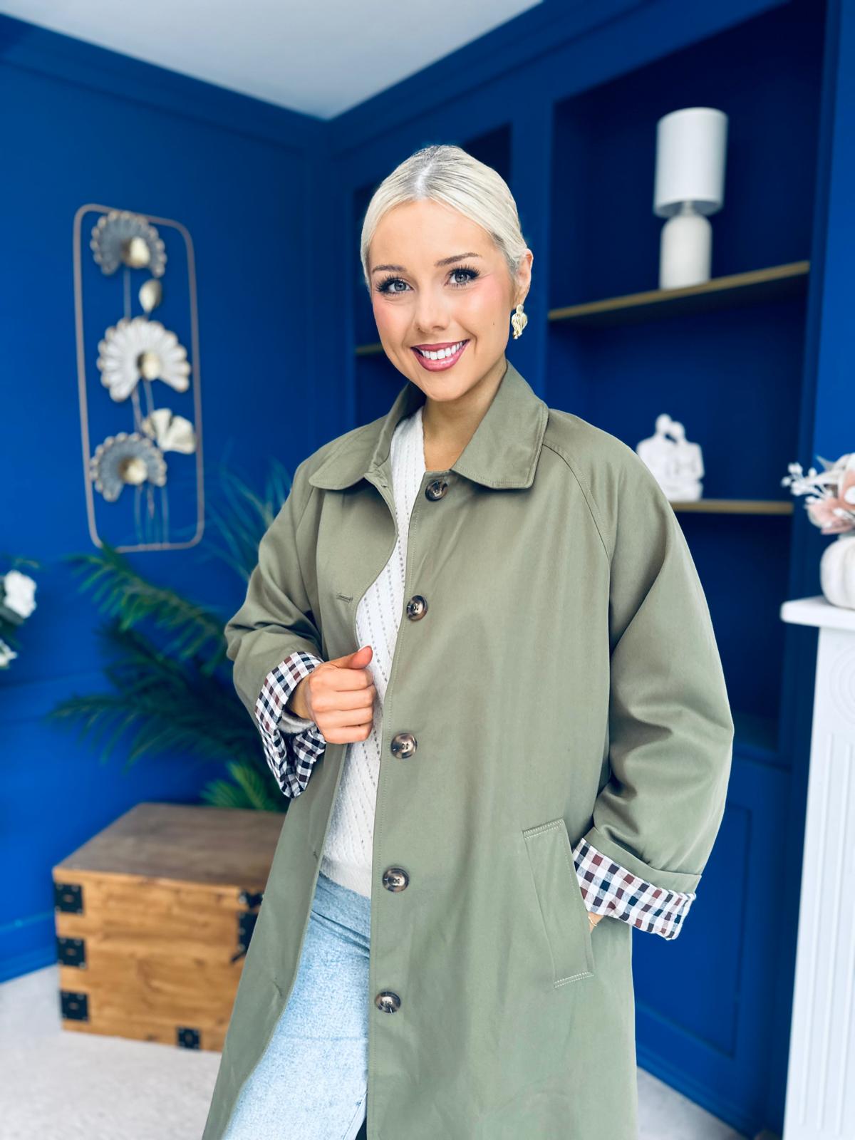 Juliette Button Detail Trench Coat Khaki