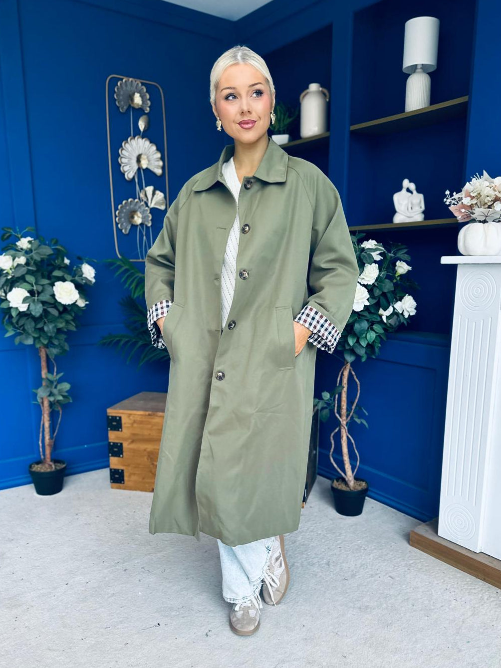 Juliette Button Detail Trench Coat Khaki
