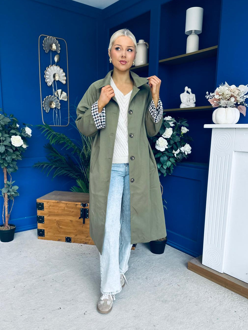 Juliette Button Detail Trench Coat Khaki