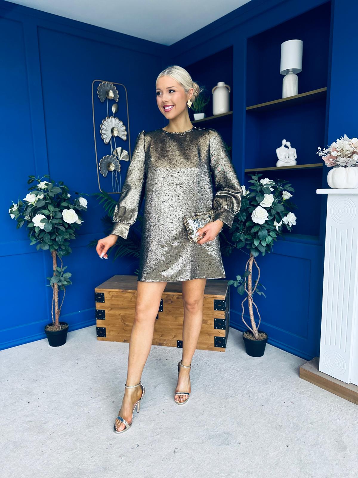 Kendra Metallic Mini Shift Dress Gold