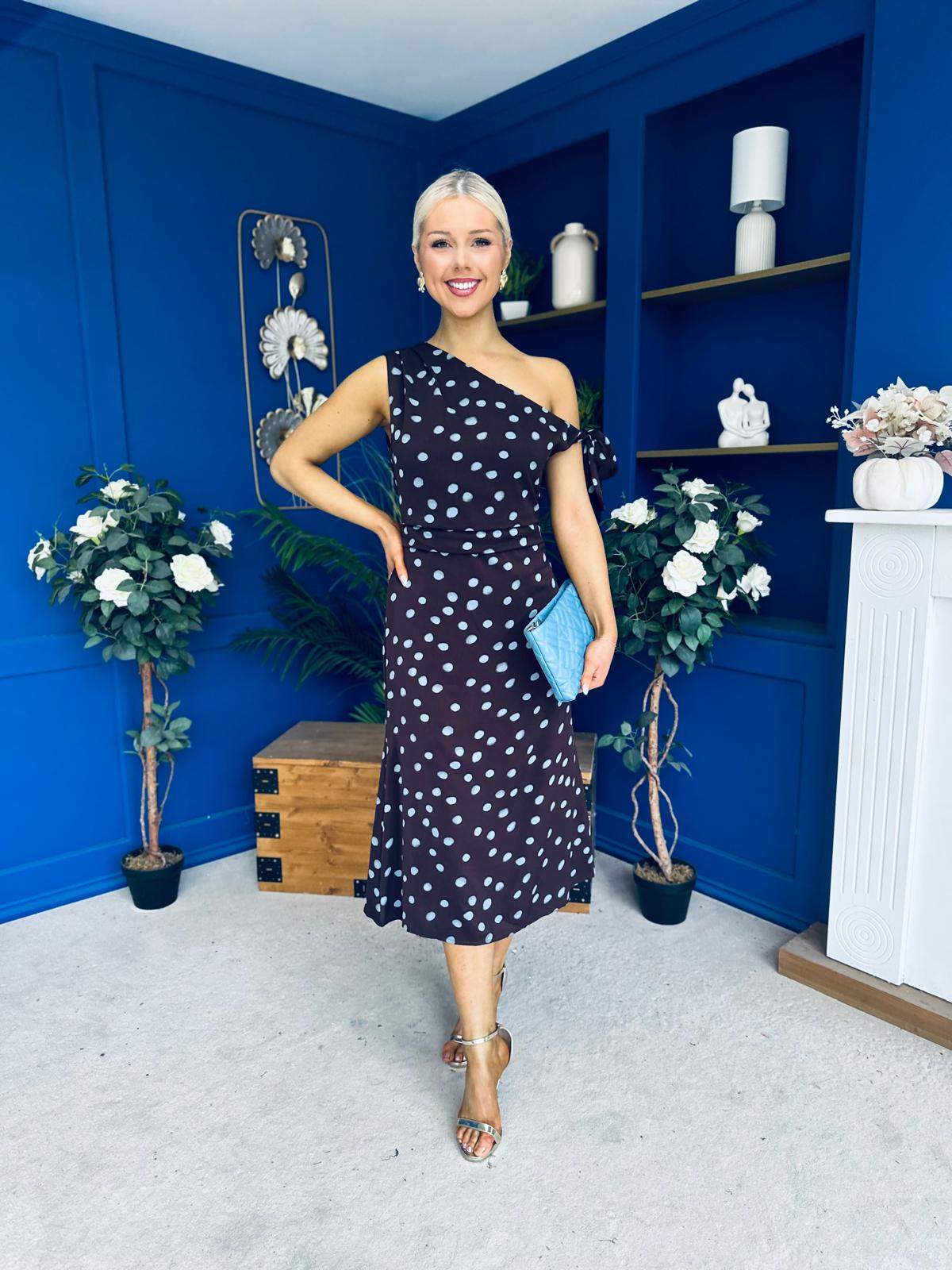 Luciana Tie Shoulder Midi Dress Blue Polka Coffee