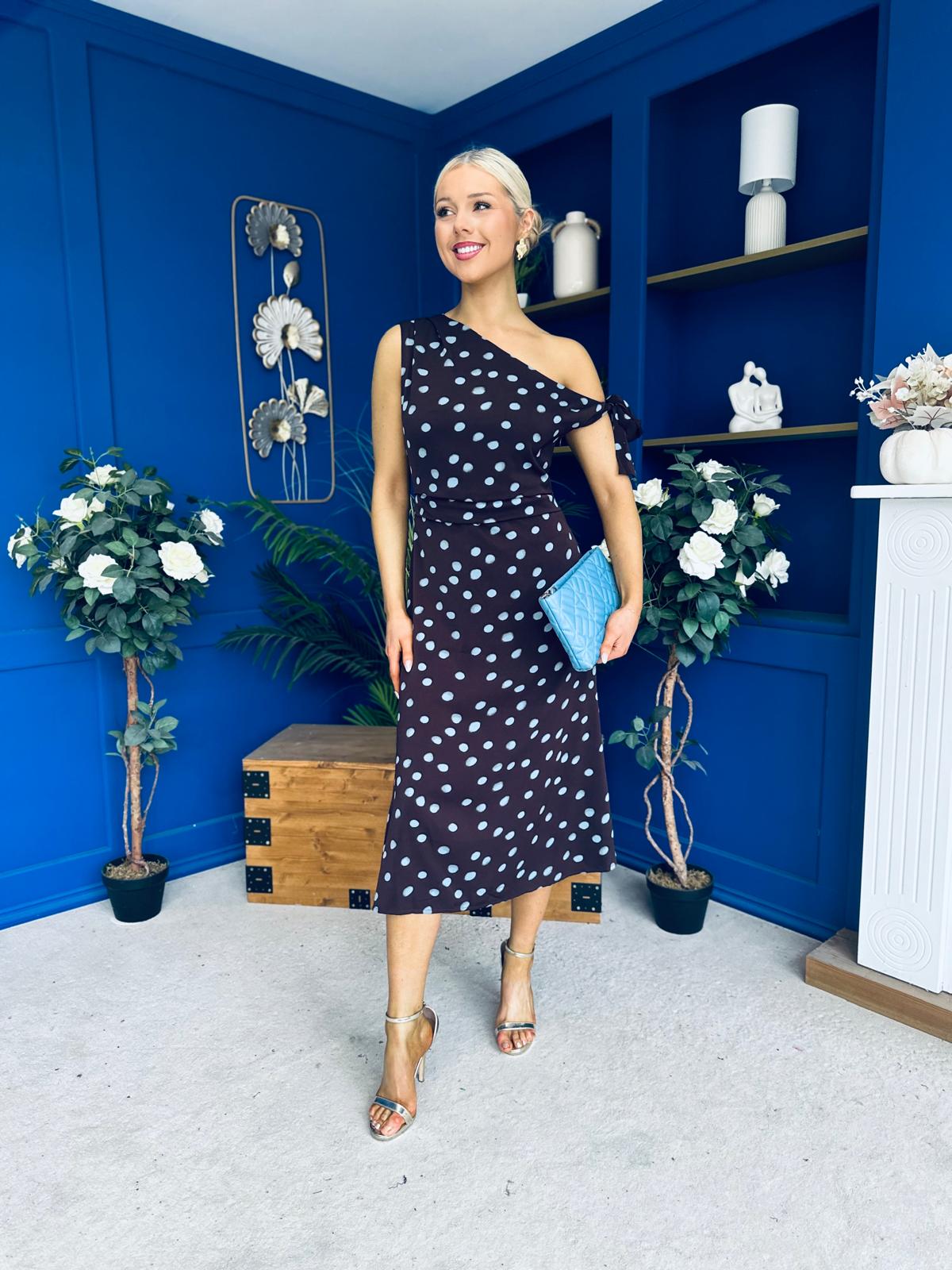 Luciana Tie Shoulder Midi Dress Blue Polka Coffee