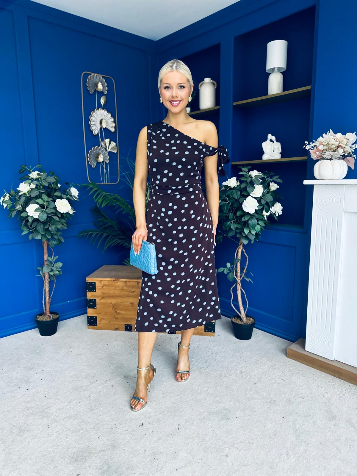 Luciana Tie Shoulder Midi Dress Blue Polka Coffee