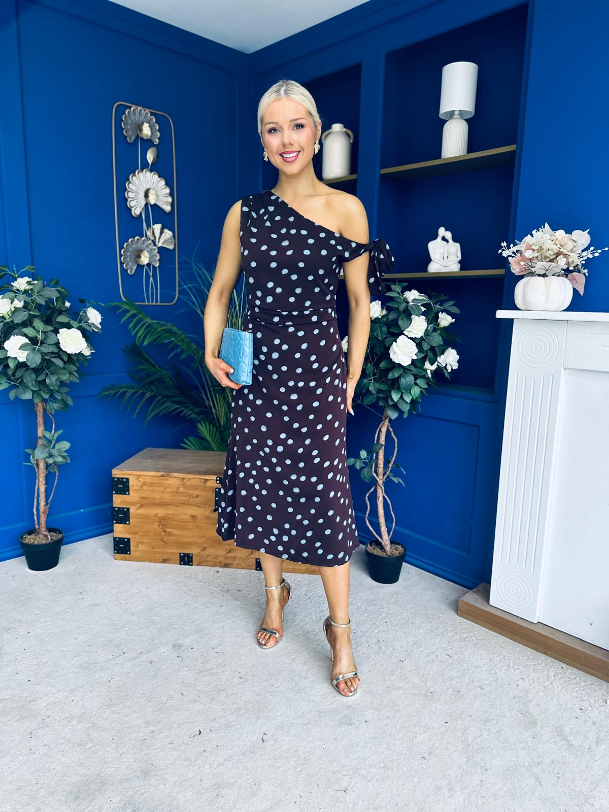 Luciana Tie Shoulder Midi Dress Blue Polka Coffee