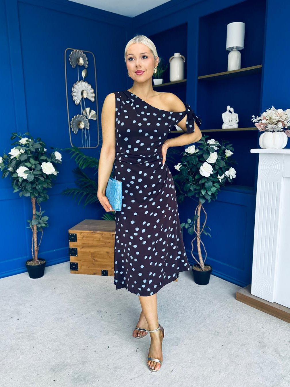 Luciana Tie Shoulder Midi Dress Blue Polka Coffee
