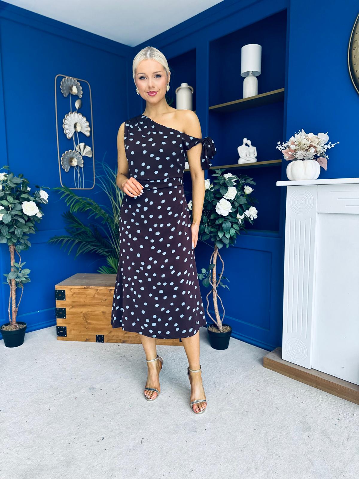 Luciana Tie Shoulder Midi Dress Blue Polka Coffee
