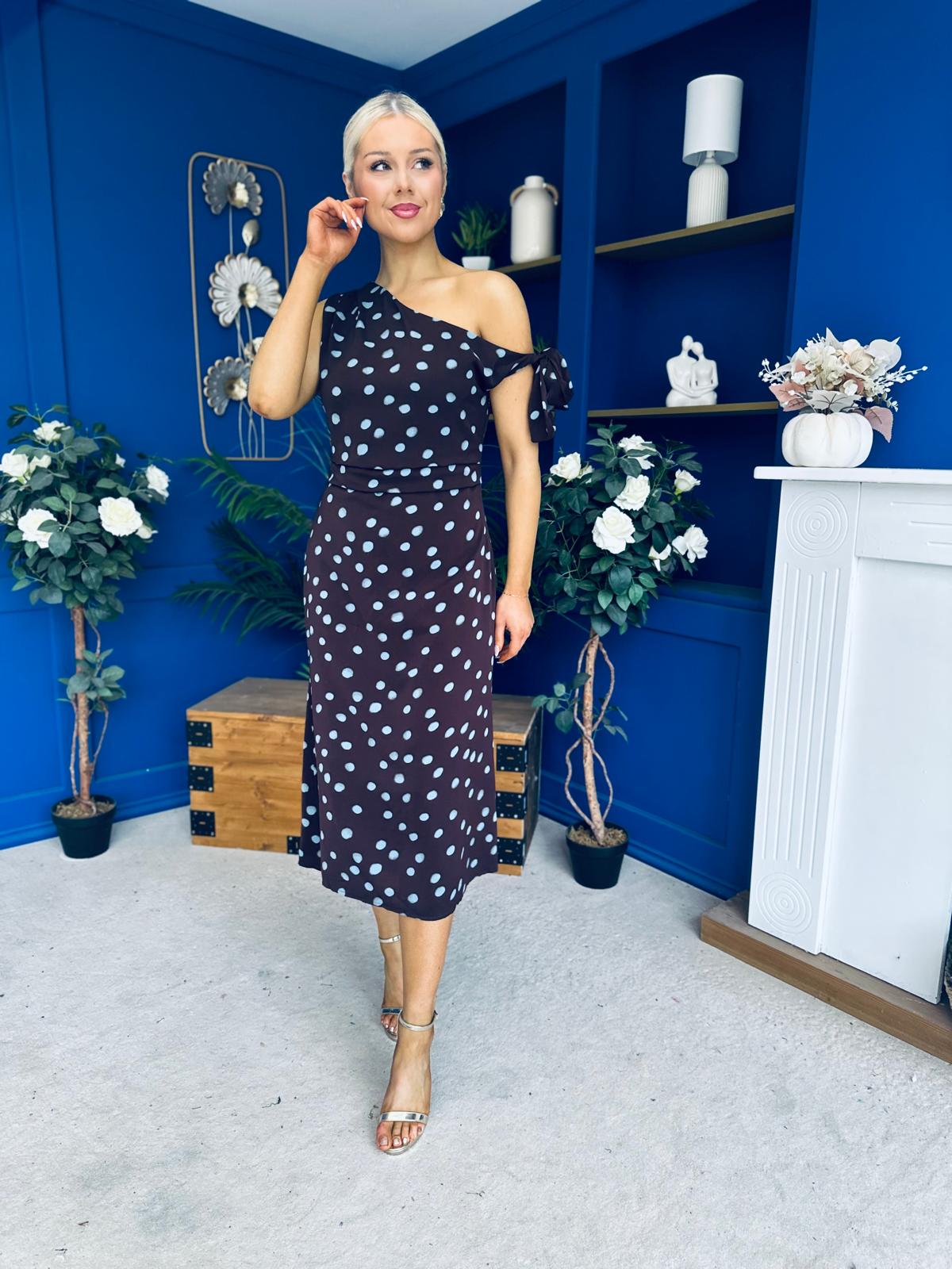 Luciana Tie Shoulder Midi Dress Blue Polka Coffee