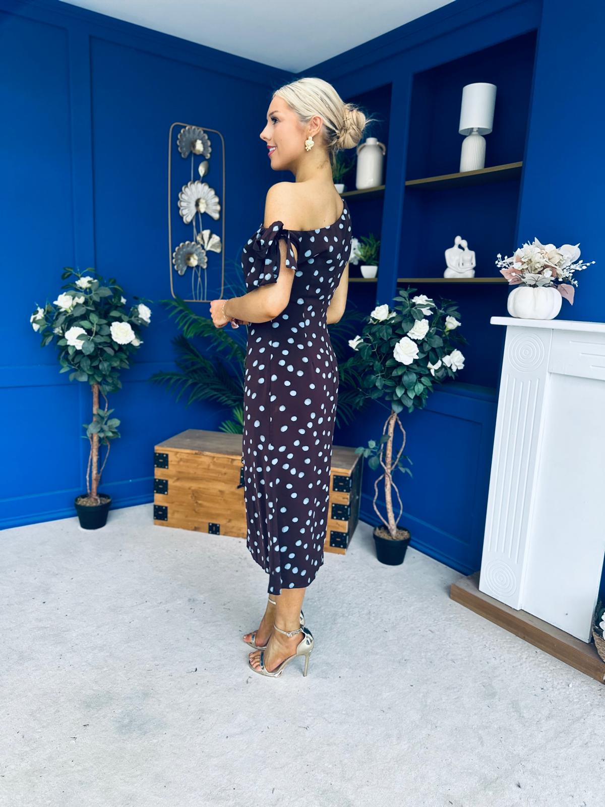 Luciana Tie Shoulder Midi Dress Blue Polka Coffee