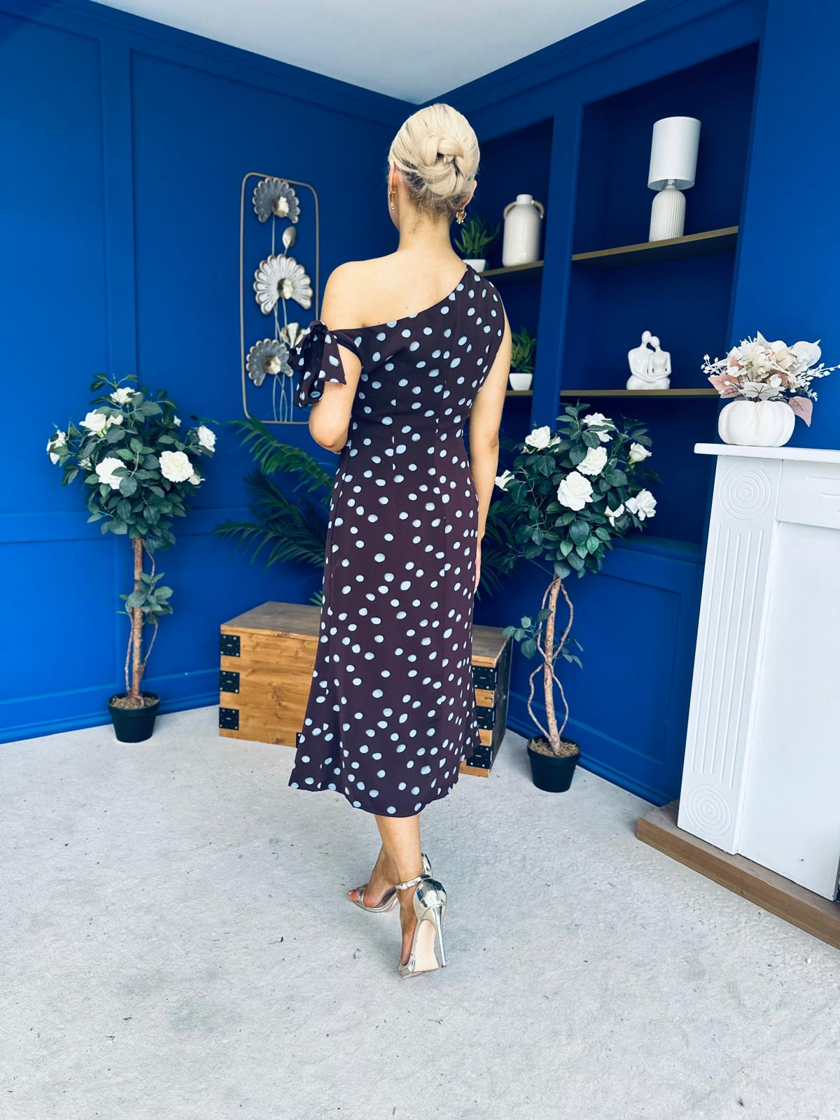 Luciana Tie Shoulder Midi Dress Blue Polka Coffee