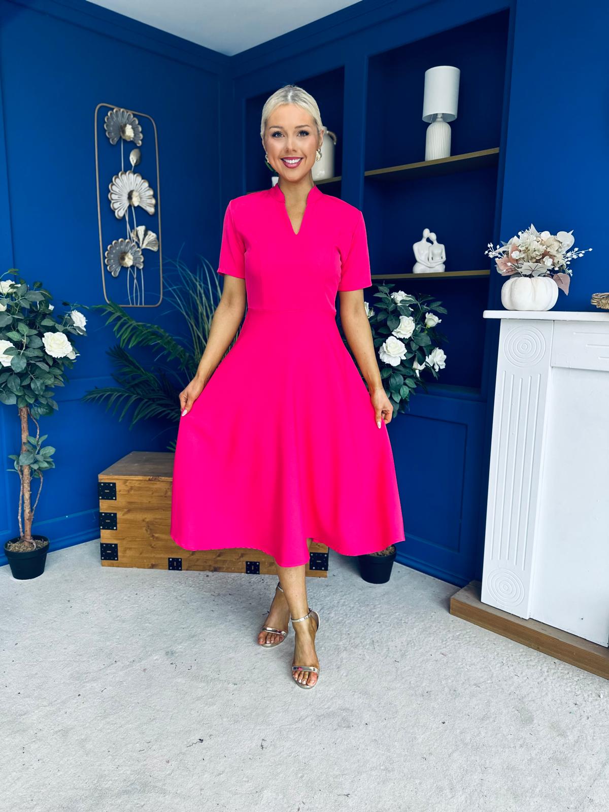 Simone Short Sleeve Midi Dress Hot Pink