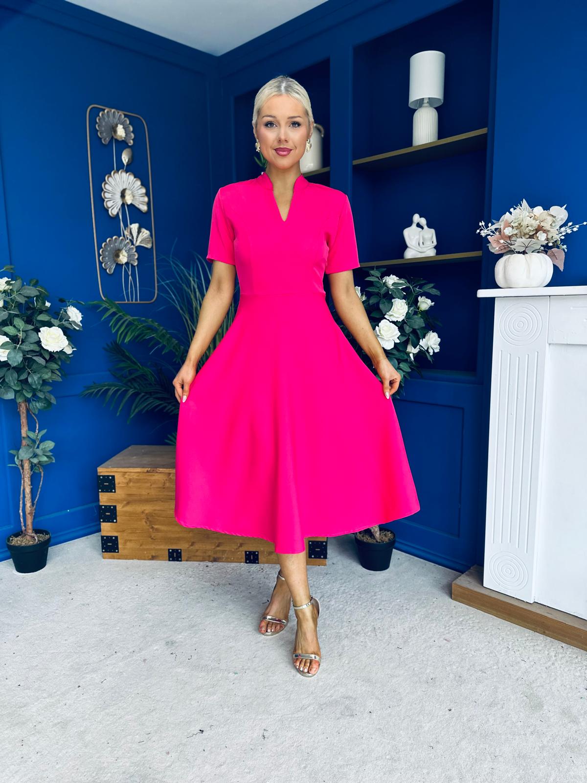 Simone Short Sleeve Midi Dress Hot Pink