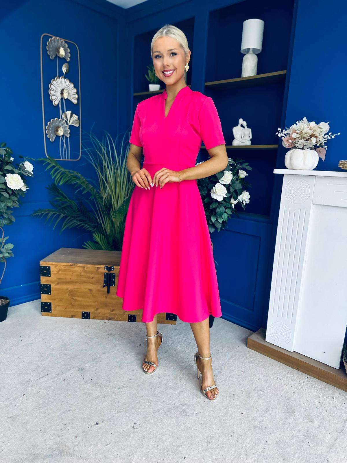 Simone Short Sleeve Midi Dress Hot Pink