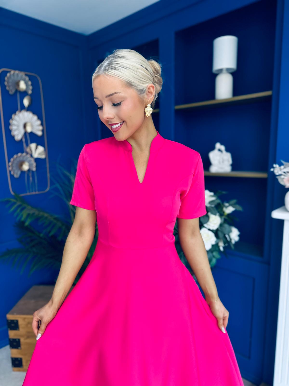 Simone Short Sleeve Midi Dress Hot Pink