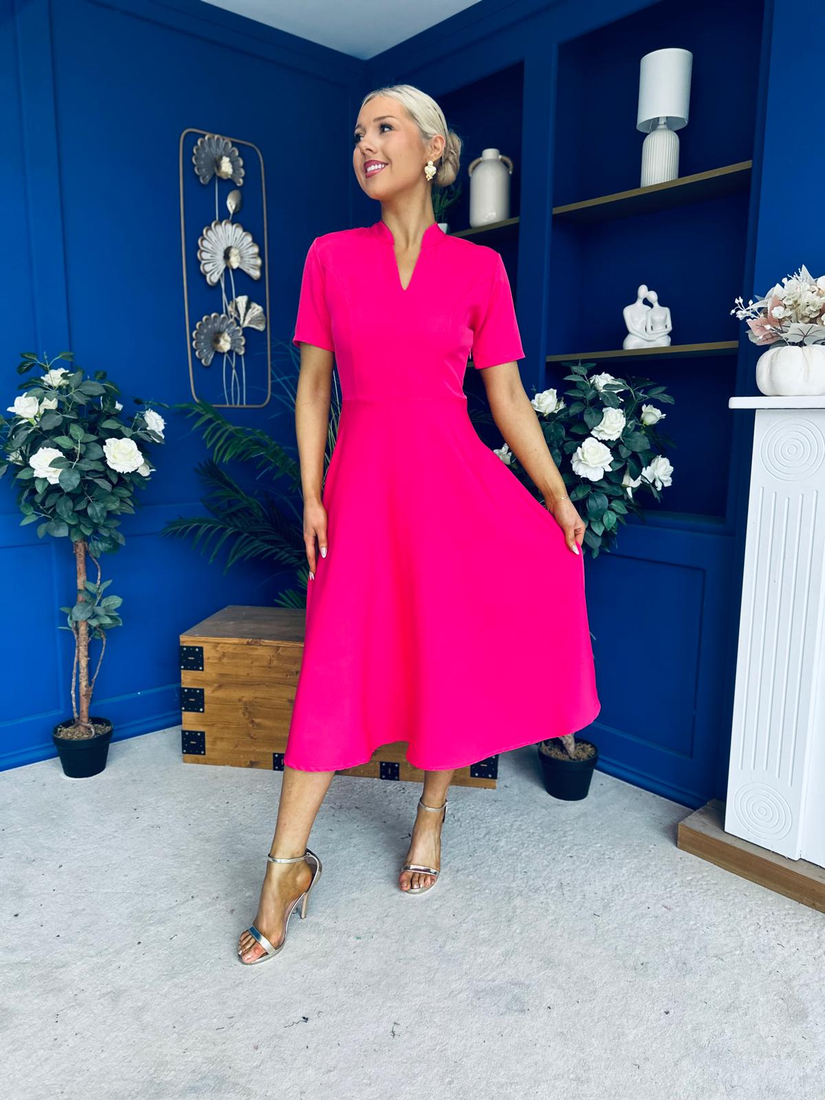 Simone Short Sleeve Midi Dress Hot Pink