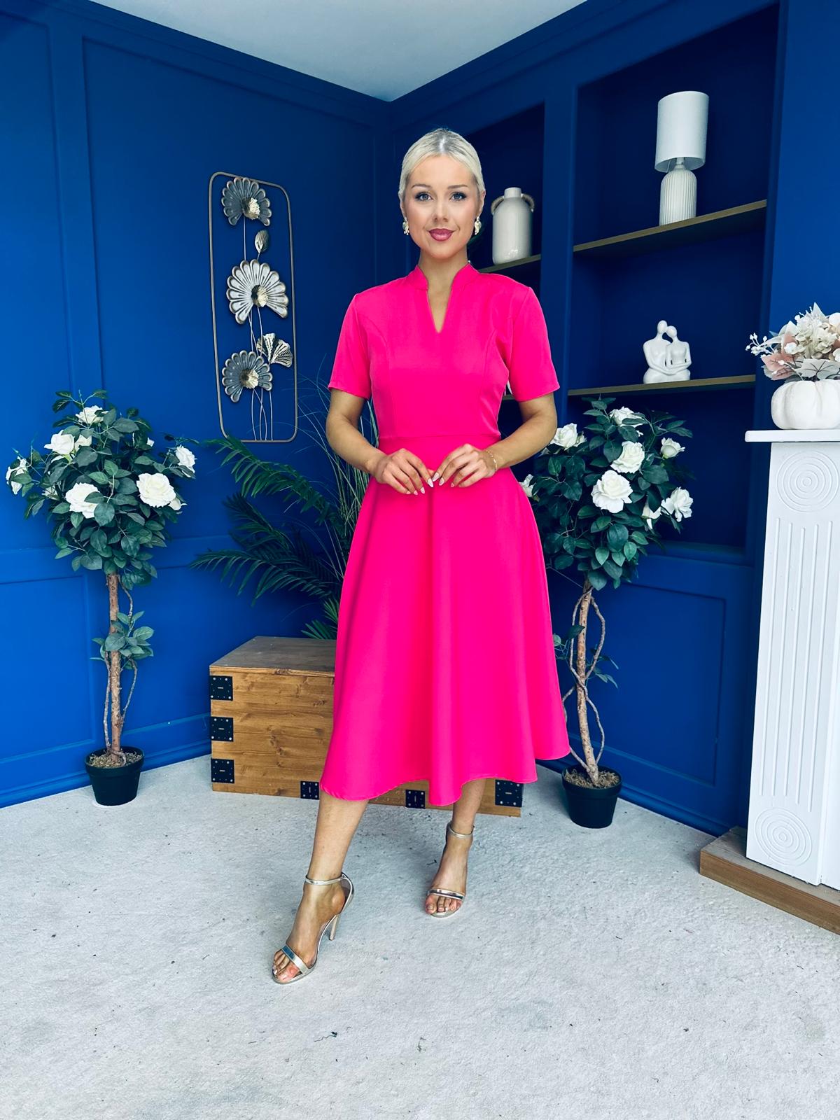 Simone Short Sleeve Midi Dress Hot Pink