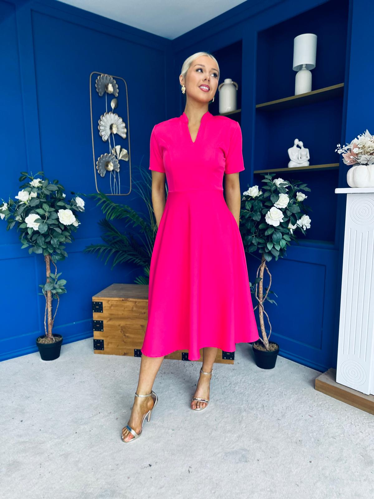 Simone Short Sleeve Midi Dress Hot Pink