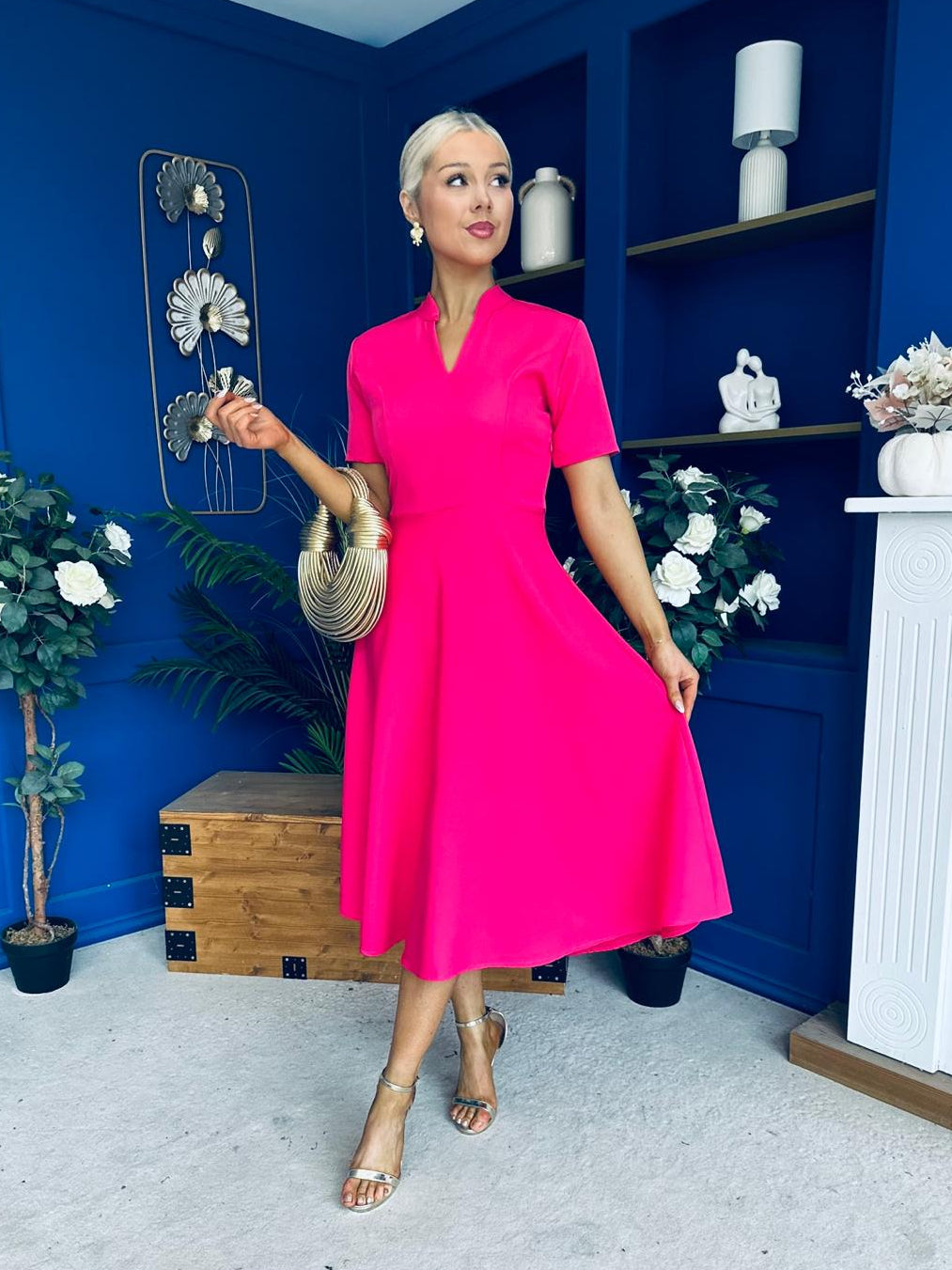 Simone Short Sleeve Midi Dress Hot Pink