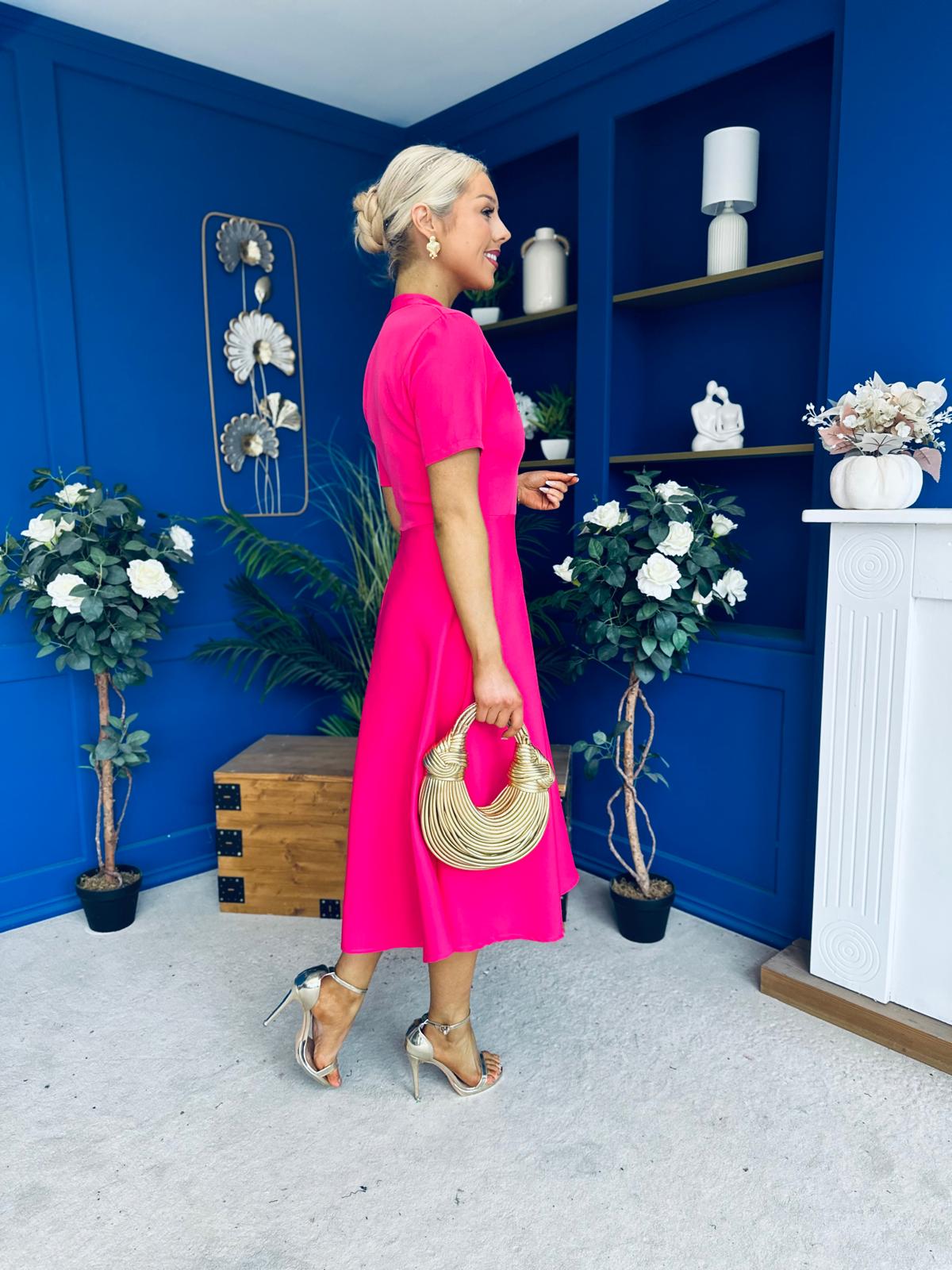 Simone Short Sleeve Midi Dress Hot Pink