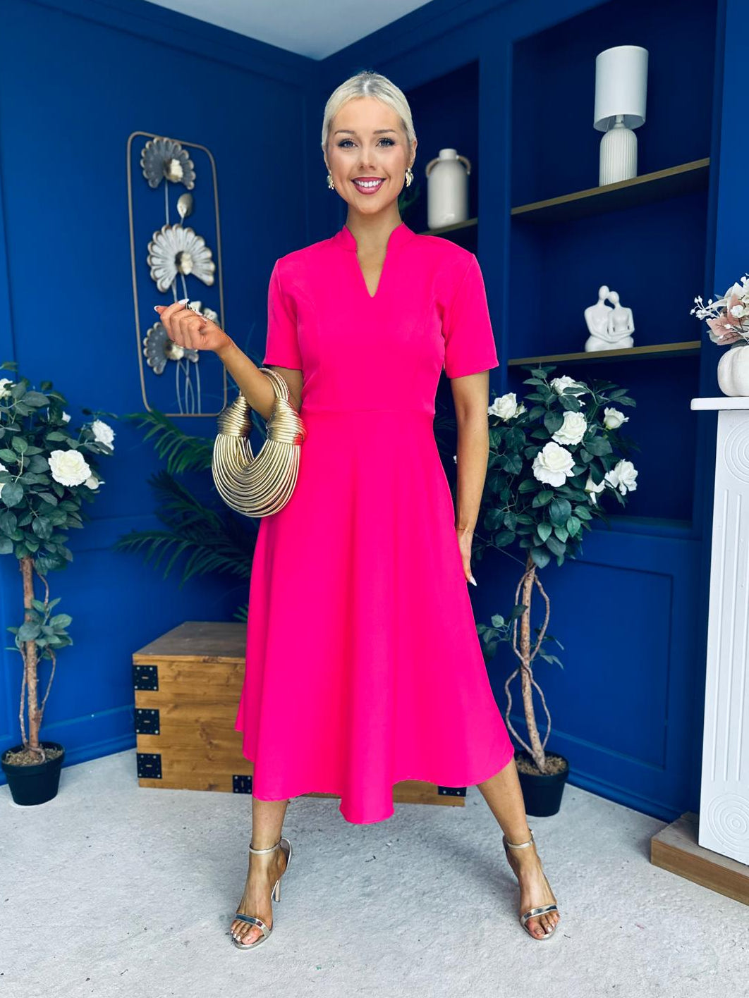 Simone Short Sleeve Midi Dress Hot Pink