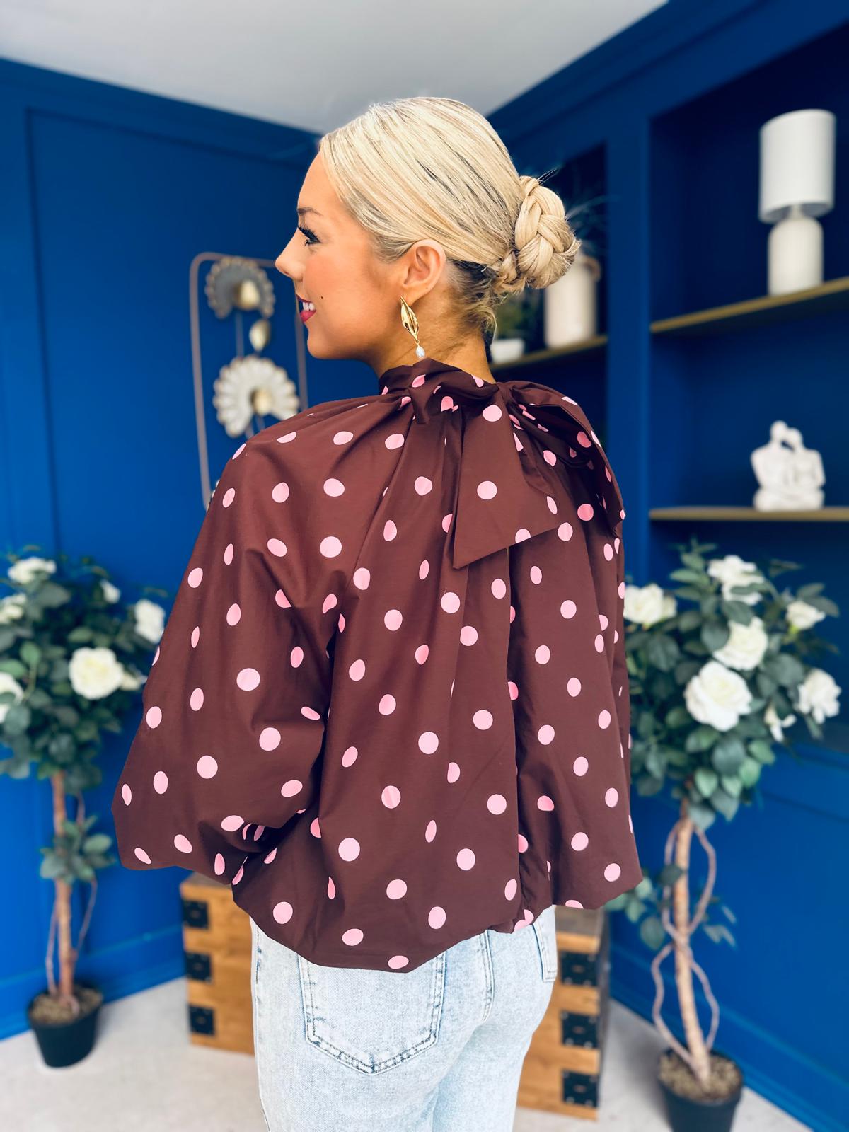 Karina Bow Detail Puff Sleeve Top Pink Polka Chocolate